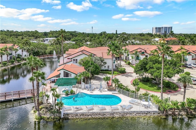 birds eye view of property featuring a water view