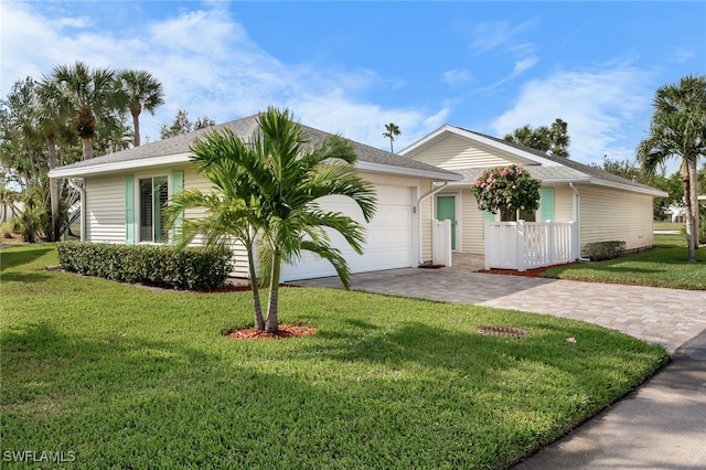 ranch-style home with a garage, decorative driveway, and a front yard