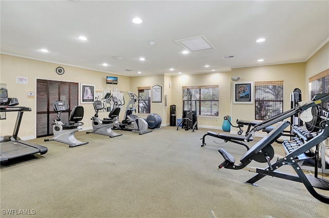 workout area with ornamental molding