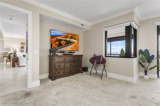 interior space featuring light carpet and crown molding