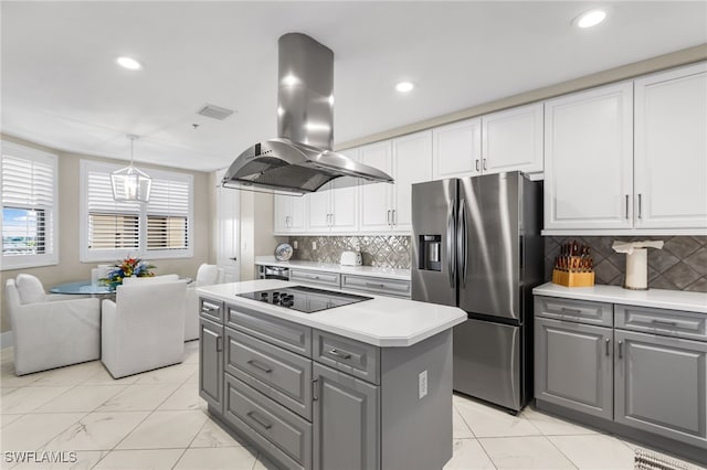 kitchen featuring island exhaust hood, black electric stovetop, gray cabinetry, stainless steel fridge with ice dispenser, and white cabinetry