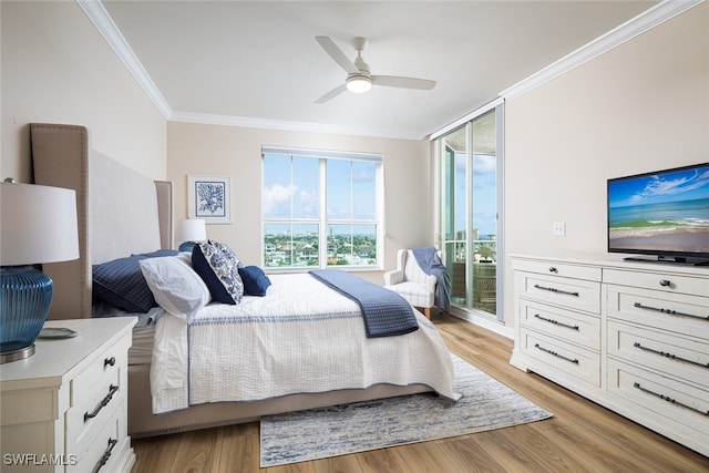 bedroom with light hardwood / wood-style floors, access to outside, crown molding, and ceiling fan