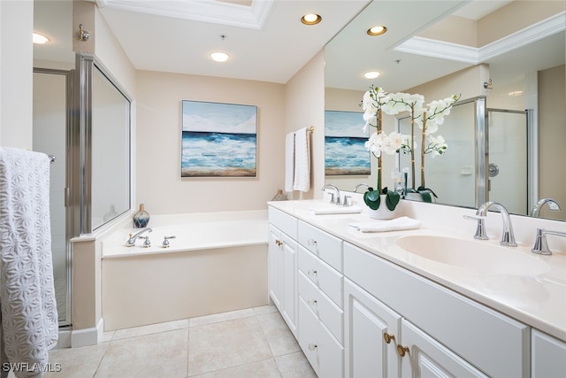 bathroom featuring vanity, separate shower and tub, and tile patterned flooring