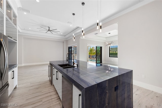 kitchen featuring a large island with sink, light wood-type flooring, a tray ceiling, and sink