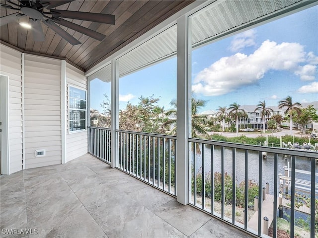 balcony featuring ceiling fan and a water view