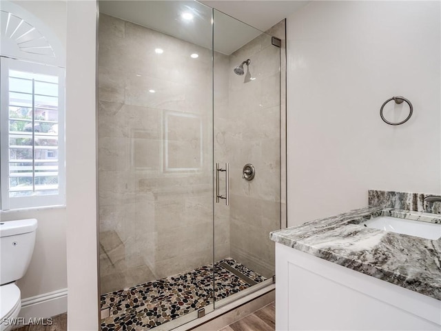 bathroom with vanity, toilet, and a shower with shower door