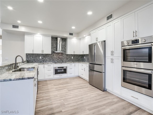 kitchen featuring white cabinetry, appliances with stainless steel finishes, sink, and wall chimney range hood