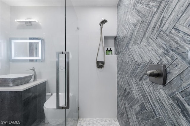 bathroom with vanity, toilet, and a shower with shower door