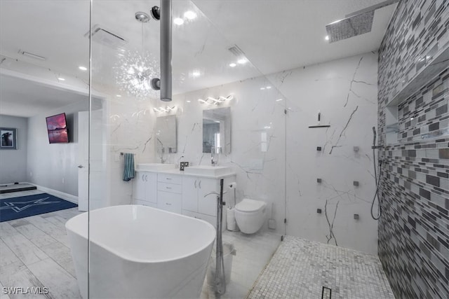 full bathroom with vanity, independent shower and bath, toilet, and tile walls