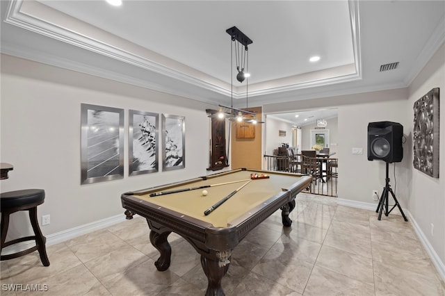 game room featuring ornamental molding, pool table, and a raised ceiling