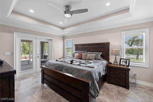 bedroom with multiple windows, ornamental molding, access to exterior, and ceiling fan