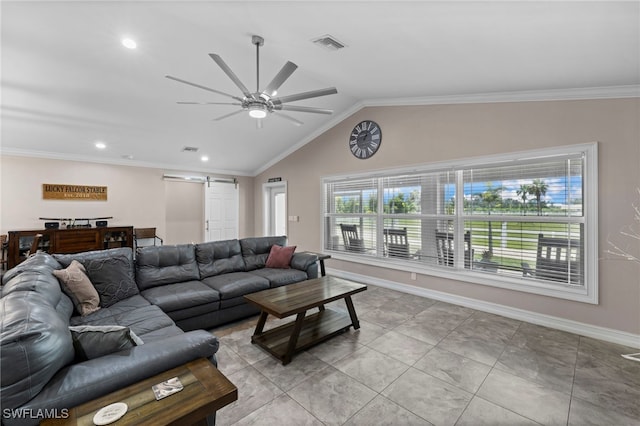 tiled living room featuring crown molding, a barn door, lofted ceiling, and ceiling fan