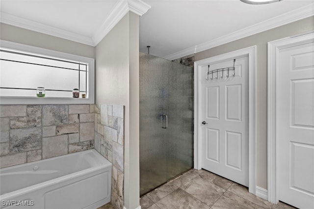 bathroom with separate shower and tub and crown molding