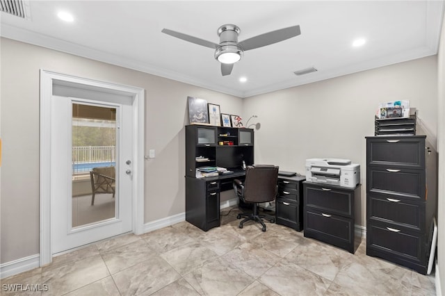 office area with ornamental molding and ceiling fan