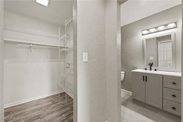 bathroom with vanity, toilet, and wood-type flooring