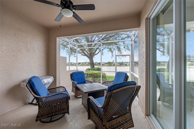 21566 Portrush Run, Estero, FL 33928 - sunroom featuring a water view and a ceiling fan
