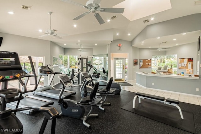 gym featuring french doors, vaulted ceiling, plenty of natural light, and ceiling fan