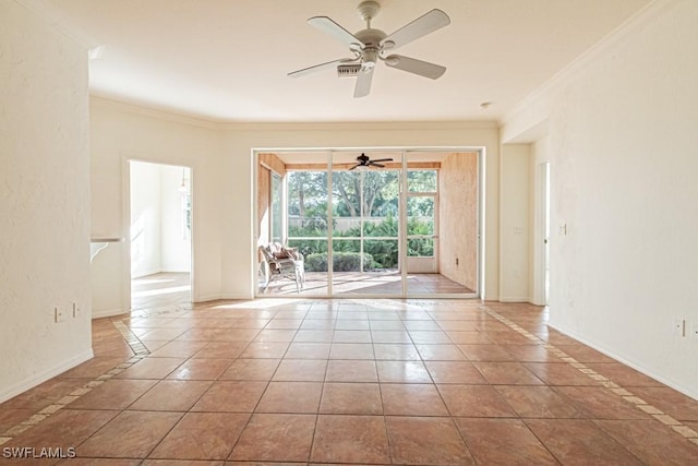 tiled spare room with ceiling fan and crown molding