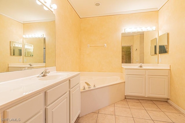 bathroom with tile patterned flooring, vanity, independent shower and bath, and ornamental molding