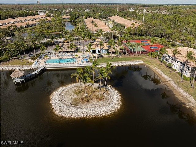 birds eye view of property featuring a water view