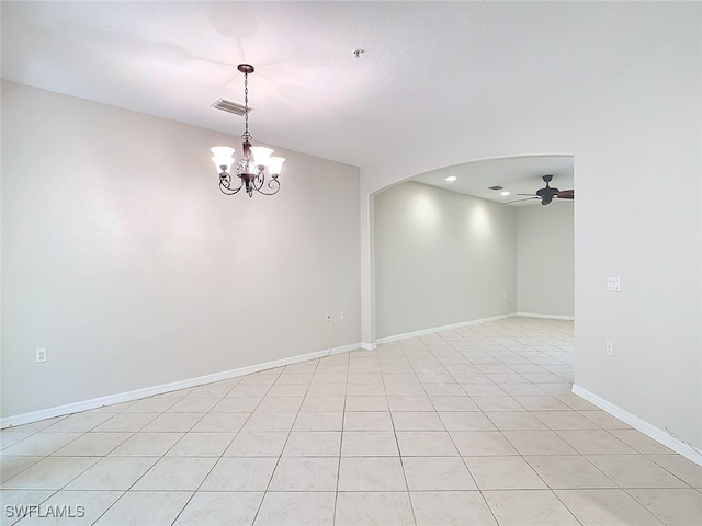 unfurnished room featuring ceiling fan with notable chandelier and light tile patterned floors