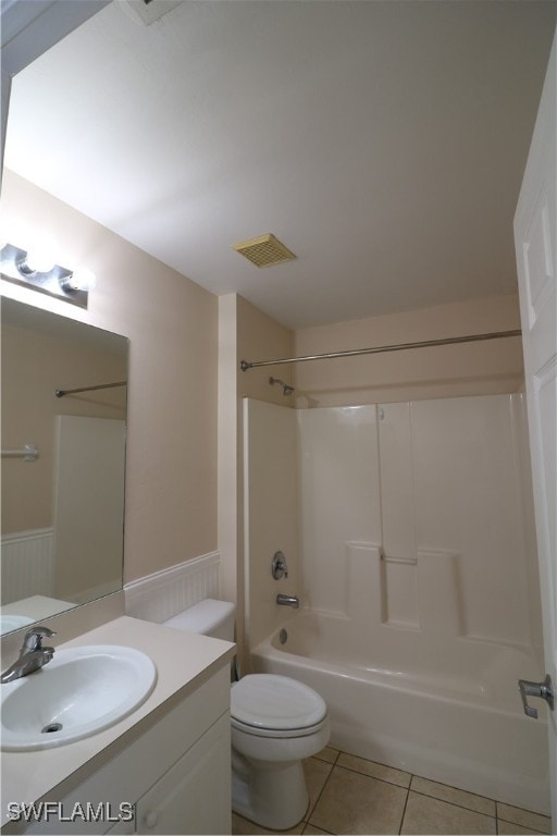 full bathroom featuring vanity, toilet, shower / tub combination, and tile patterned flooring