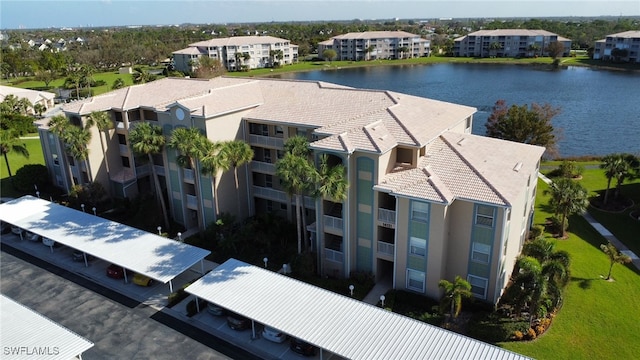 aerial view featuring a water view