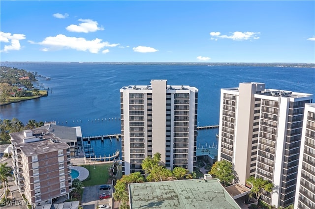 aerial view featuring a water view