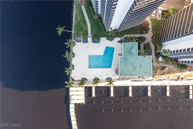 drone / aerial view with a water view