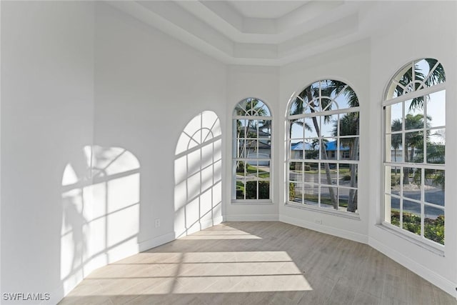 spare room with light wood-type flooring and a towering ceiling