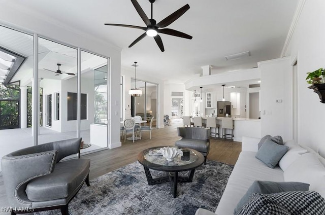 living room with ceiling fan, crown molding, and wood finished floors