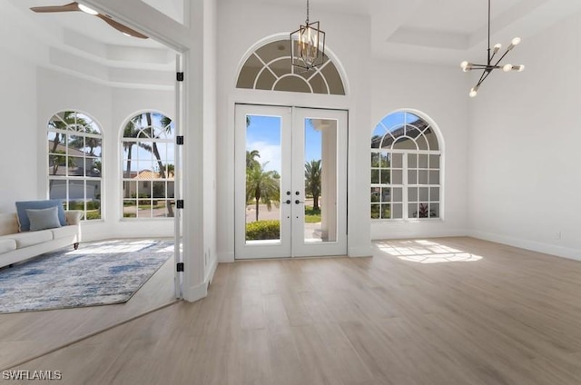 doorway featuring a healthy amount of sunlight, wood finished floors, and french doors