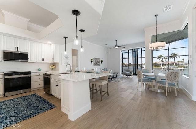 kitchen with visible vents, light wood-style flooring, appliances with stainless steel finishes, light countertops, and a sink