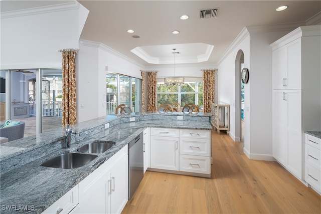 kitchen with dishwasher, sink, stone counters, white cabinetry, and light hardwood / wood-style floors