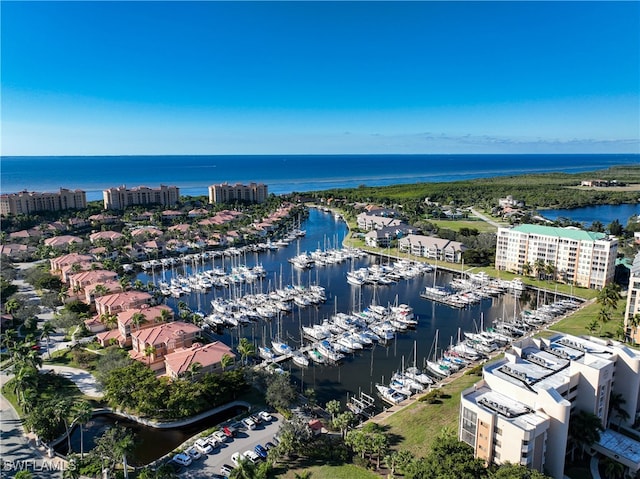 bird's eye view with a water view