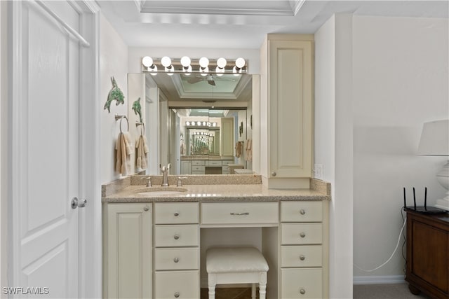 bathroom with ornamental molding, vanity, and a tray ceiling