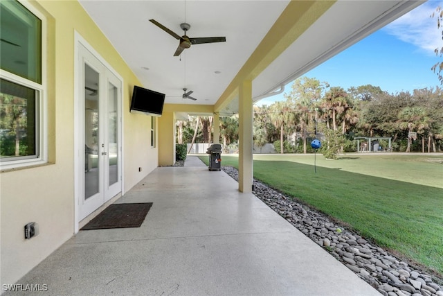 view of patio with grilling area, ceiling fan, and french doors