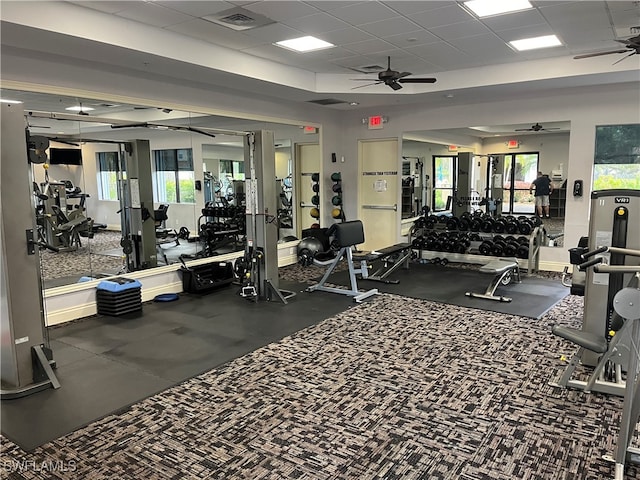 workout area featuring ceiling fan and a drop ceiling