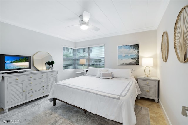 bedroom featuring ceiling fan and ornamental molding