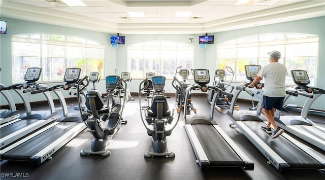 28080 Cavendish Ct Unit 2007, Bonita Springs, FL 34135 - exercise room featuring a raised ceiling