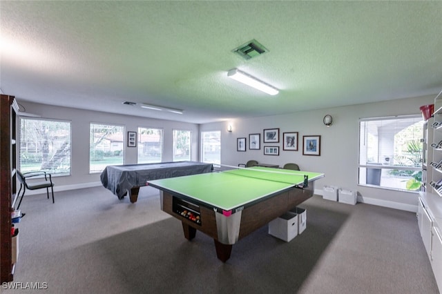 game room with carpet flooring, a textured ceiling, and billiards