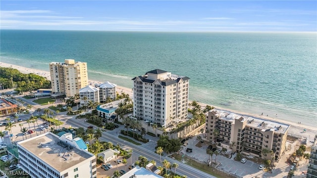 aerial view with a water view and a view of the beach