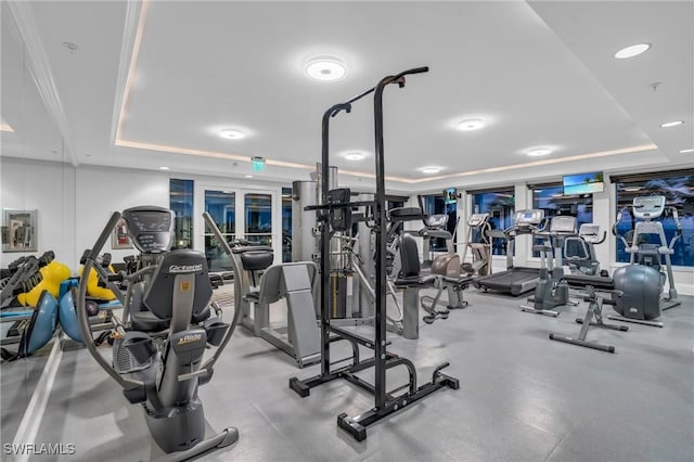 workout area featuring a raised ceiling