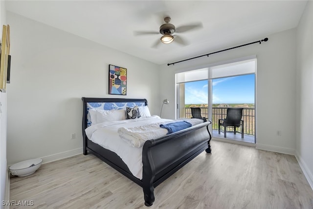 bedroom with light wood-type flooring, access to outside, and ceiling fan