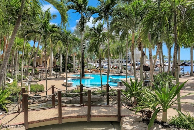 view of pool with a water view