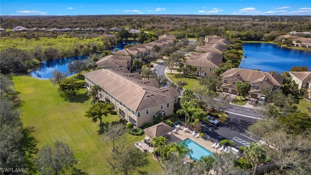 drone / aerial view featuring a water view