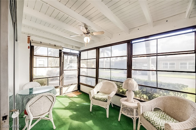 sunroom / solarium with beam ceiling, wooden ceiling, and ceiling fan