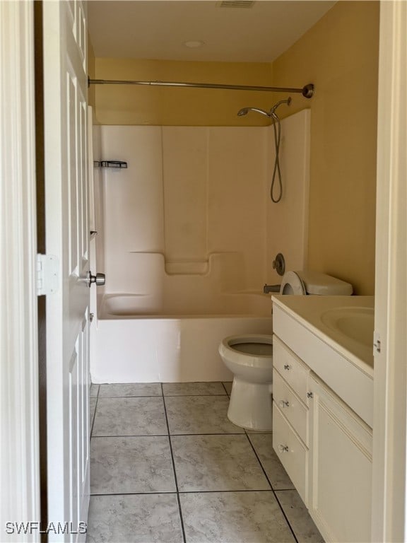 full bathroom with vanity, toilet, bathtub / shower combination, and tile patterned flooring