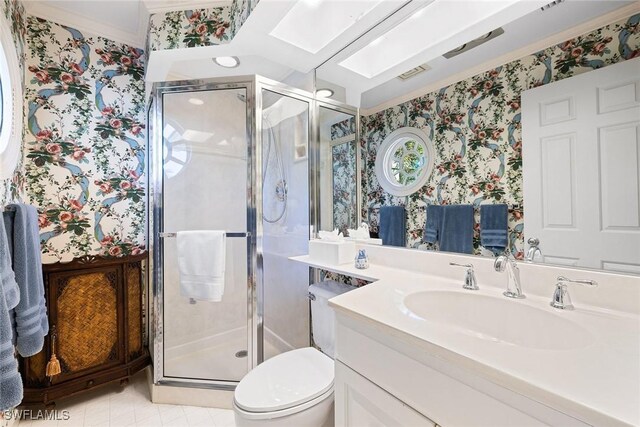3323 Gin Ln, Naples, FL 34102 - full bath with wallpapered walls, vanity, a stall shower, toilet, and crown molding