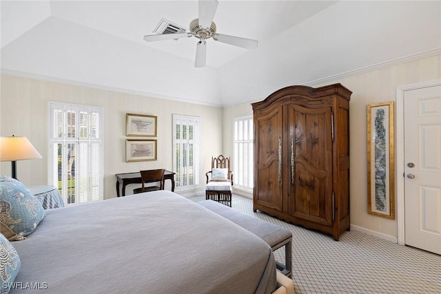 3323 Gin Ln, Naples, FL 34102 - bedroom with light carpet, ceiling fan, baseboards, and lofted ceiling